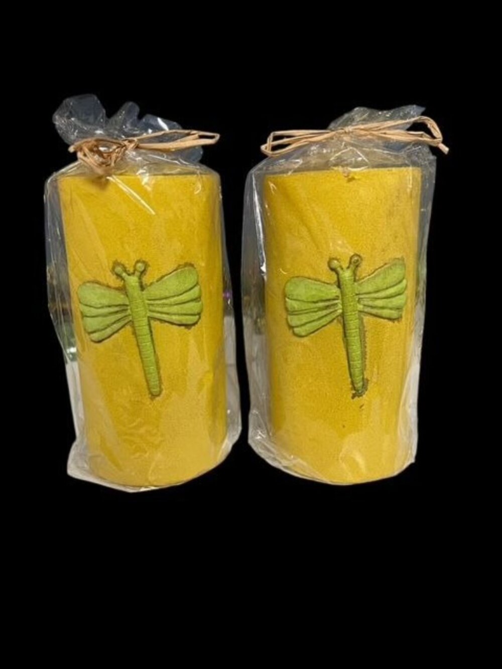 Set of 2 Dragonfly Pillar Candles Yellow Decorative Unscented Wrapped 5" Rustic
